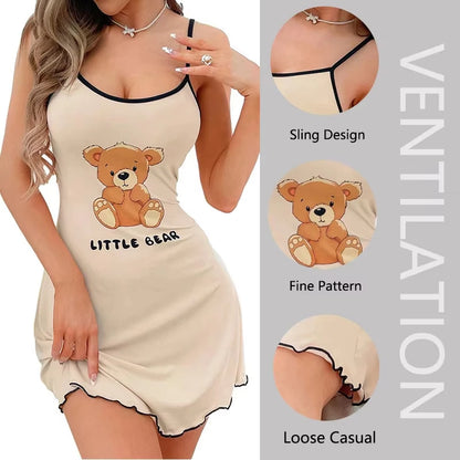 Neues Damen-Nachthemd mit sexy kleinem Bären-Aufdruck, süßes Cami-Schlafkleid, Mini-Spaghettiträger, Salatsaum, Kontrastbesatz, Loungewear.