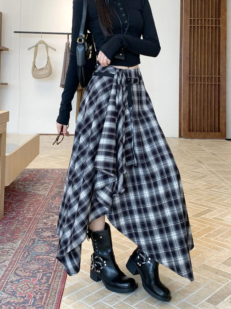 MEXZT Vintage Plaid Woolen Midi Skirt Women Y2K Harajuku Belt Asymmetrical Skirts Winter Gyaru Grunge Korean Design Faldas New.