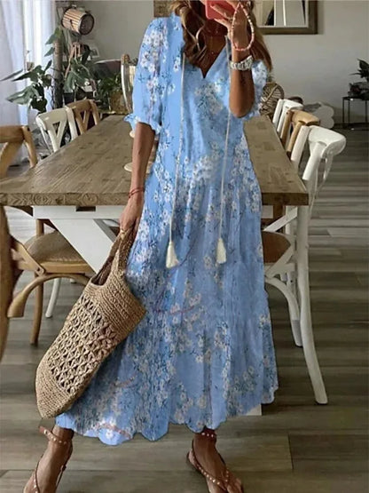 Neue frauen Frühling Sommer Kleid Sexy V-ausschnitt Kordelzug Gedruckt Lange-ärmeln Kleid Beiläufige Lose Mode Elegante Frische Süße kleid