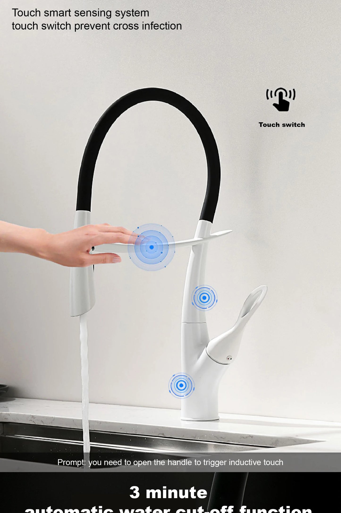 Luxuriöser Küchenarmatur aus grauem Messing in Gun-Grau mit intelligentem Touch-Design. Einhebelmischer für heißes und kaltes Wasser mit magnetischer Saugkraft