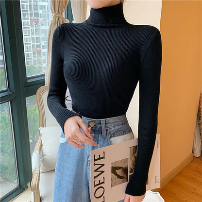 2023 herbst Winter Frauen Langarm Gestrickte Foldover Rollkragen Rippen Pull Pullover Weiche Warme Femme Jumper Pullover Kleidung.