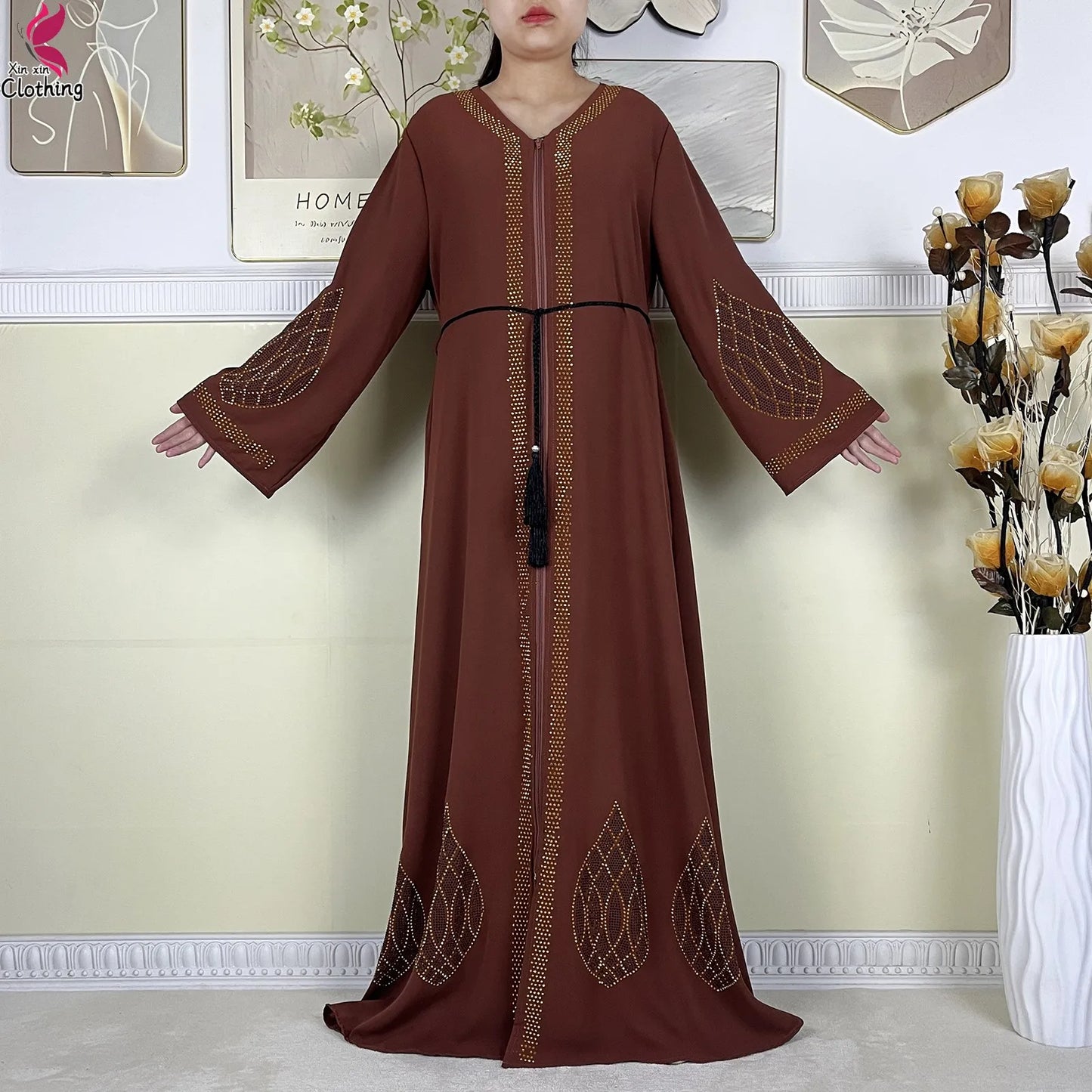 New Dubai Women Elegant Dress Diamonds Chiffon Open Abaya with Zipper Islamic Turkey Clothing Women Muslim Party Evening Dress.