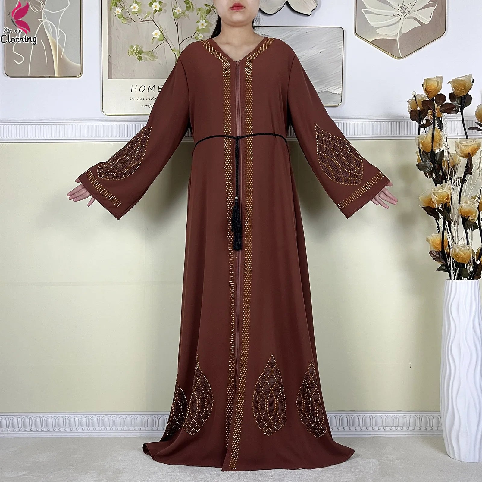 New Dubai Women Elegant Dress Diamonds Chiffon Open Abaya with Zipper Islamic Turkey Clothing Women Muslim Party Evening Dress.