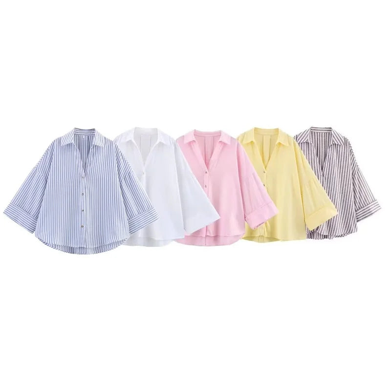 MUJER Women's Shirts Striped Oversize Shirts for Women Wide Sleeve Casual Shirts and Blouses Woman White Summer Loose Tops Woman.