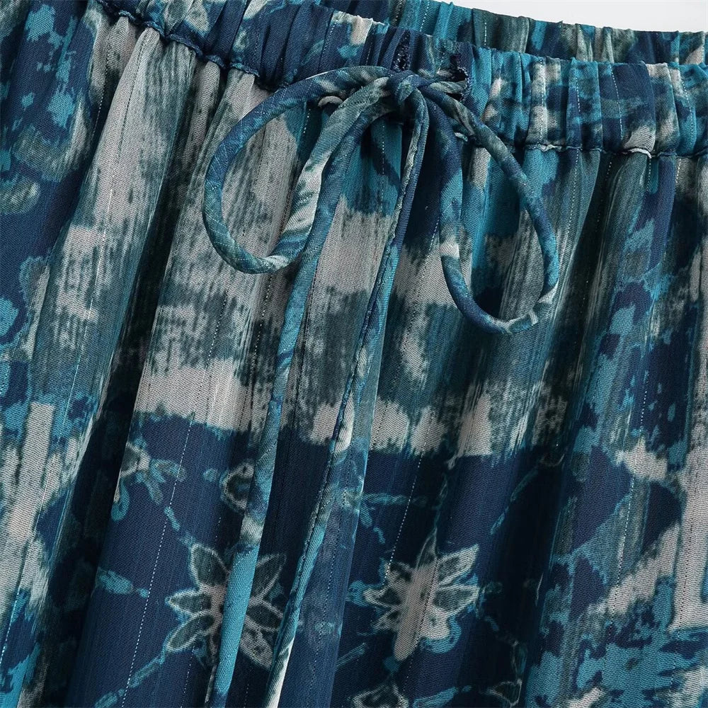 2024ZAR * Spring/Summer New Women's French Metallic Line Printed Cover Up High Waist Elastic Lace up Long Dress.