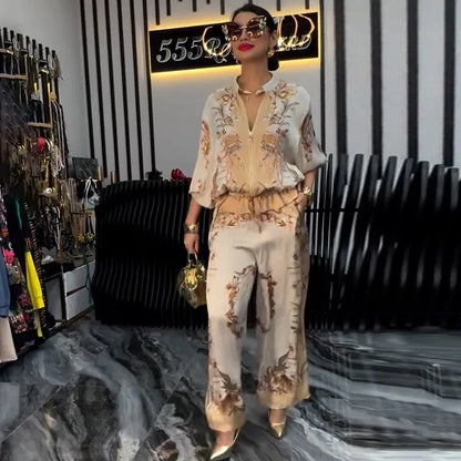 Summer Fashion Print Women's 2-piece Set Flower Zipper Baseball Uniform Drawstring Trousers Two-piece Outfit Elegant Office Suit.