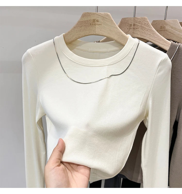 Women Trendy Chain Link Autumn Fashion Slim Fit Cropped T-shirts 2025 Long Sleeve T-shirt Solid Simple Base Layer Crop Tops.