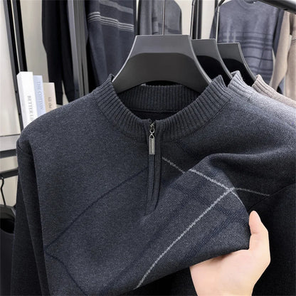 Men's New Thickened Turtleneck Knitwear Autumn Winter New Zipper Solid Color Sweater Middle Aged Warm Knit Top.