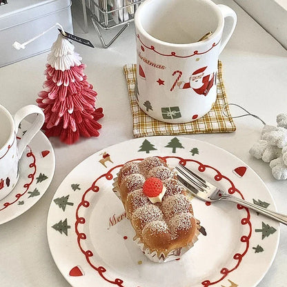 Santa Claus Ceramic Coffee Cup and Saucer Suit Hand-painted Christmas Plate Home Breakfast Milk Juice Cup Fruit Dessert Plate.
