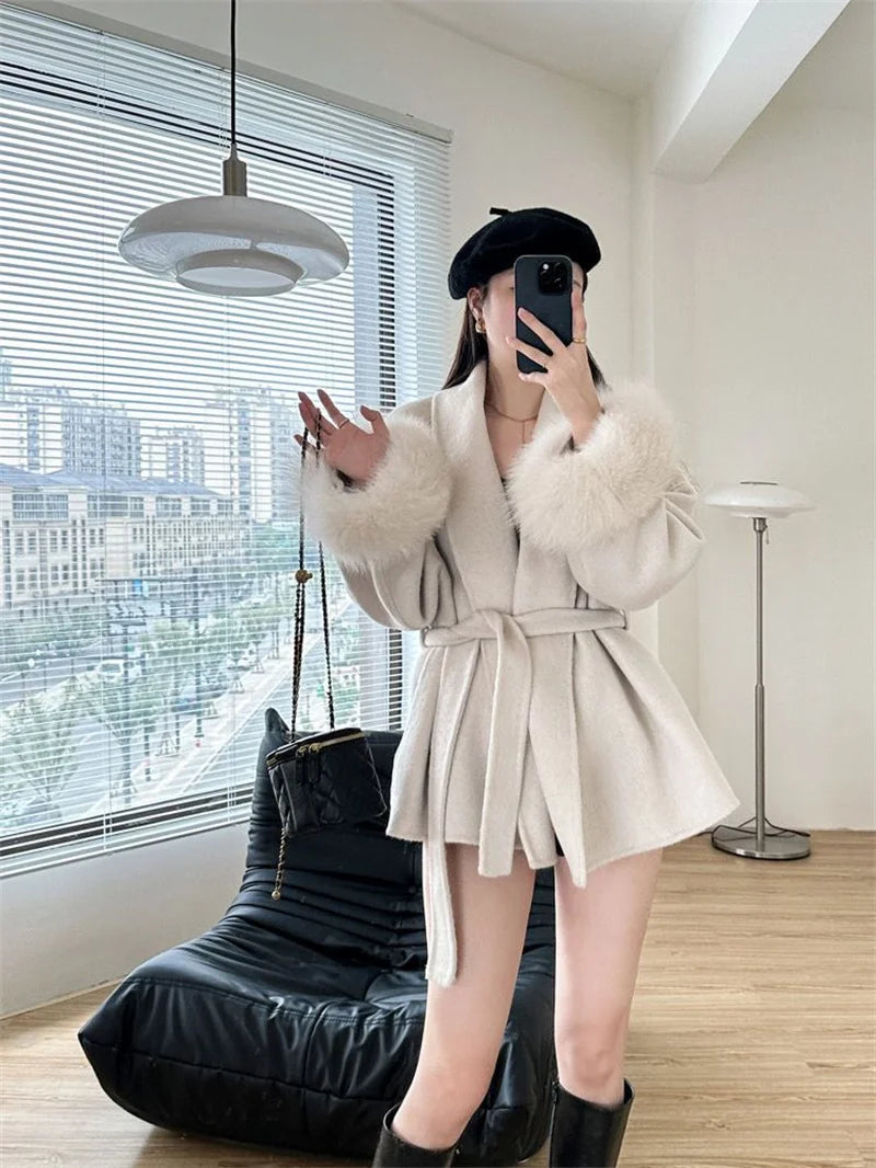 Mode Woolen Jacke mit gürtel Frauen Mantel 2025, Neue Herbst Winter Temperament Lose Strickjacke Weibliche Outwear