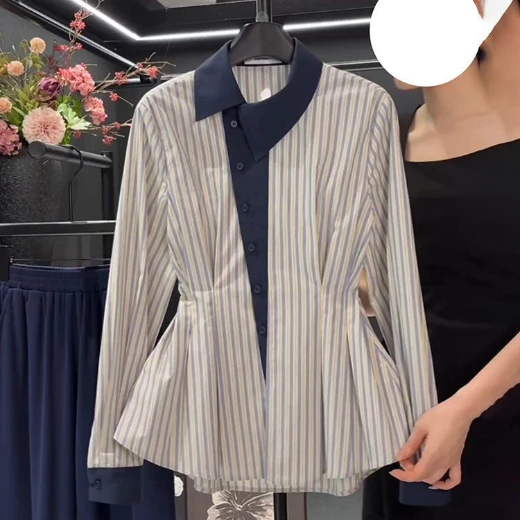 Temperament waist cinching slimming blue striped shirt spring 2025 new fat MM fashion contrasting long sleeved shirt.