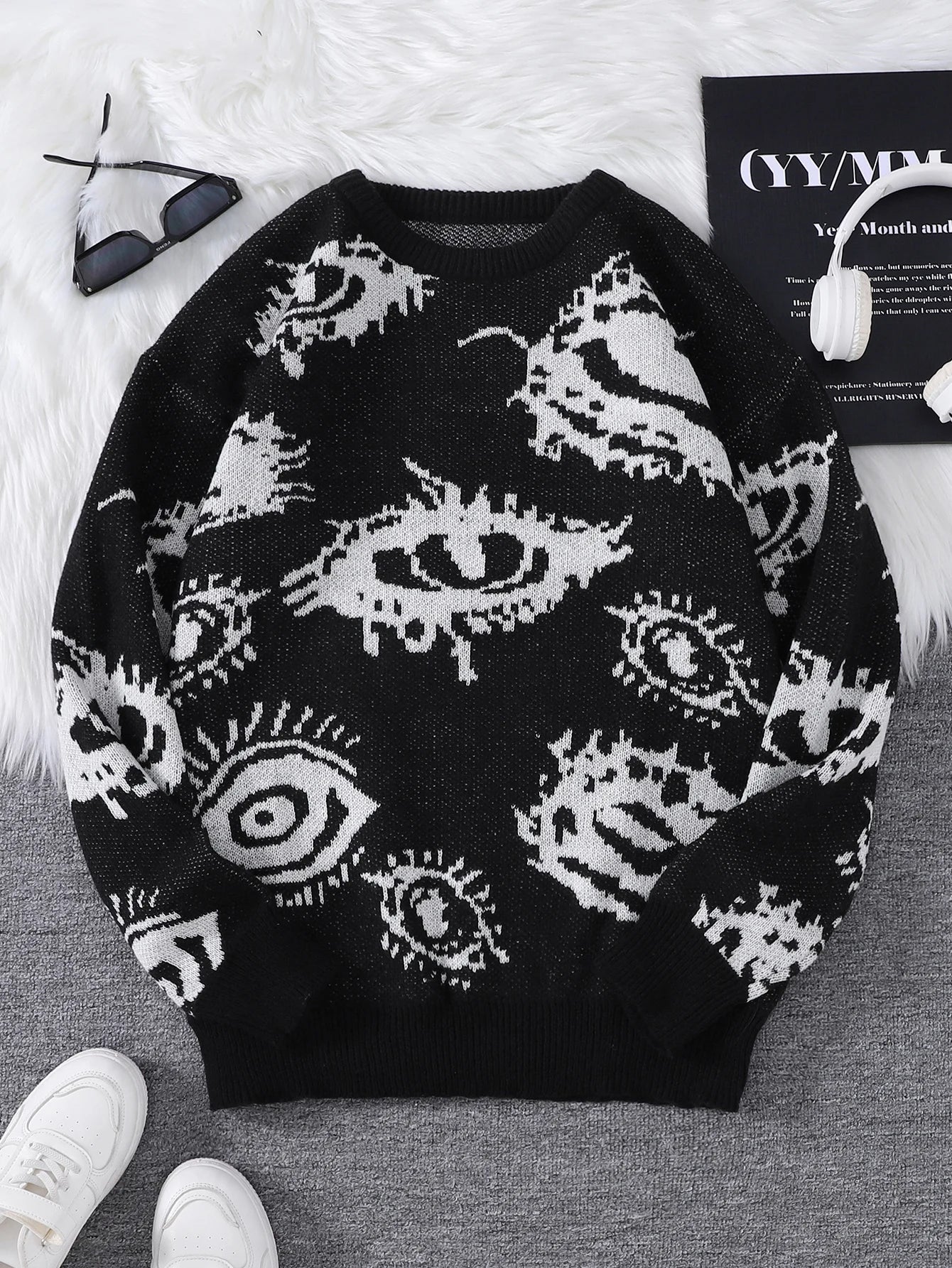 New Popular Autumn and Winter Abstract Eye Jacquard Pattern Pullover Sweater Casual Round Neck Knitted Men's Pullover.