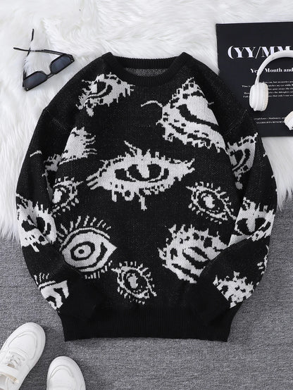 New Popular Autumn and Winter Abstract Eye Jacquard Pattern Pullover Sweater Casual Round Neck Knitted Men's Pullover.