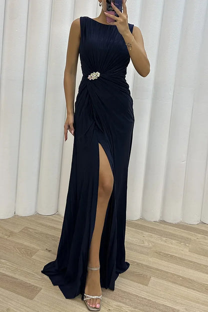 Frauen sexy Kleid neue ärmellose feste Party schlanke Empire Split weibliche elegante Rundhals Mode lange Kleidung