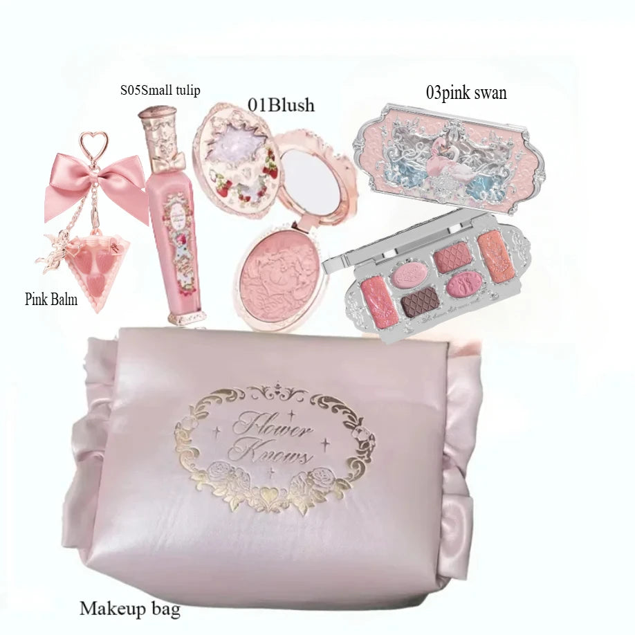 Makeup Set Flower Knows All in One GiftBox Glitter EyeShadow Palette Long Lasting Velvet Lip Cream Matte Blush with Cosmetic Bag.
