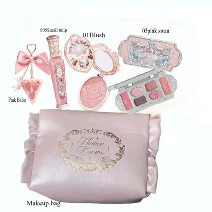 Makeup Set Flower Knows All in One GiftBox Glitter EyeShadow Palette Long Lasting Velvet Lip Cream Matte Blush with Cosmetic Bag.