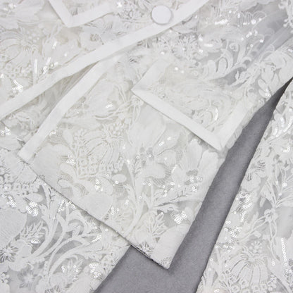 VC Pant Sets Women Fashion Sexy Hollow Out Tight Long Sleeves Blazer And Trousers Suit Mesh Outfits.