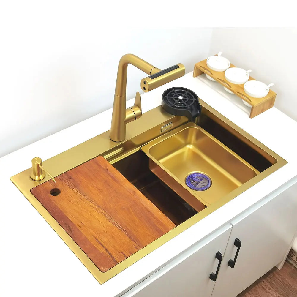 Gold Wasserfall Wasserhahn Küchenspüle Nano Waschbecken 304 Edelstahl Golden Topmount Single Bowl Waschbecken 4-Funktions-Küchenarmatur