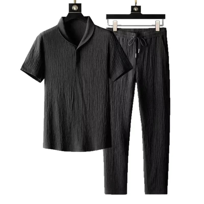Summer Casual Thin Linen Set Men's Sport Suit Outdoor Wear Short Sleeve Long Pants Two-Piece Set Lightweight Comfortable Fit.