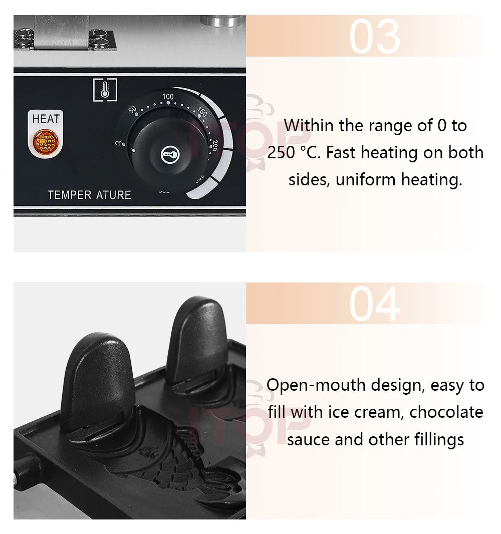 ITOP Taiyaki Waffle Maker 2 Fishes Commercial Ice Cream Taiyaki Pan Making Machine Waffle Cone Baking 2000W Muffin Pancake Snack.