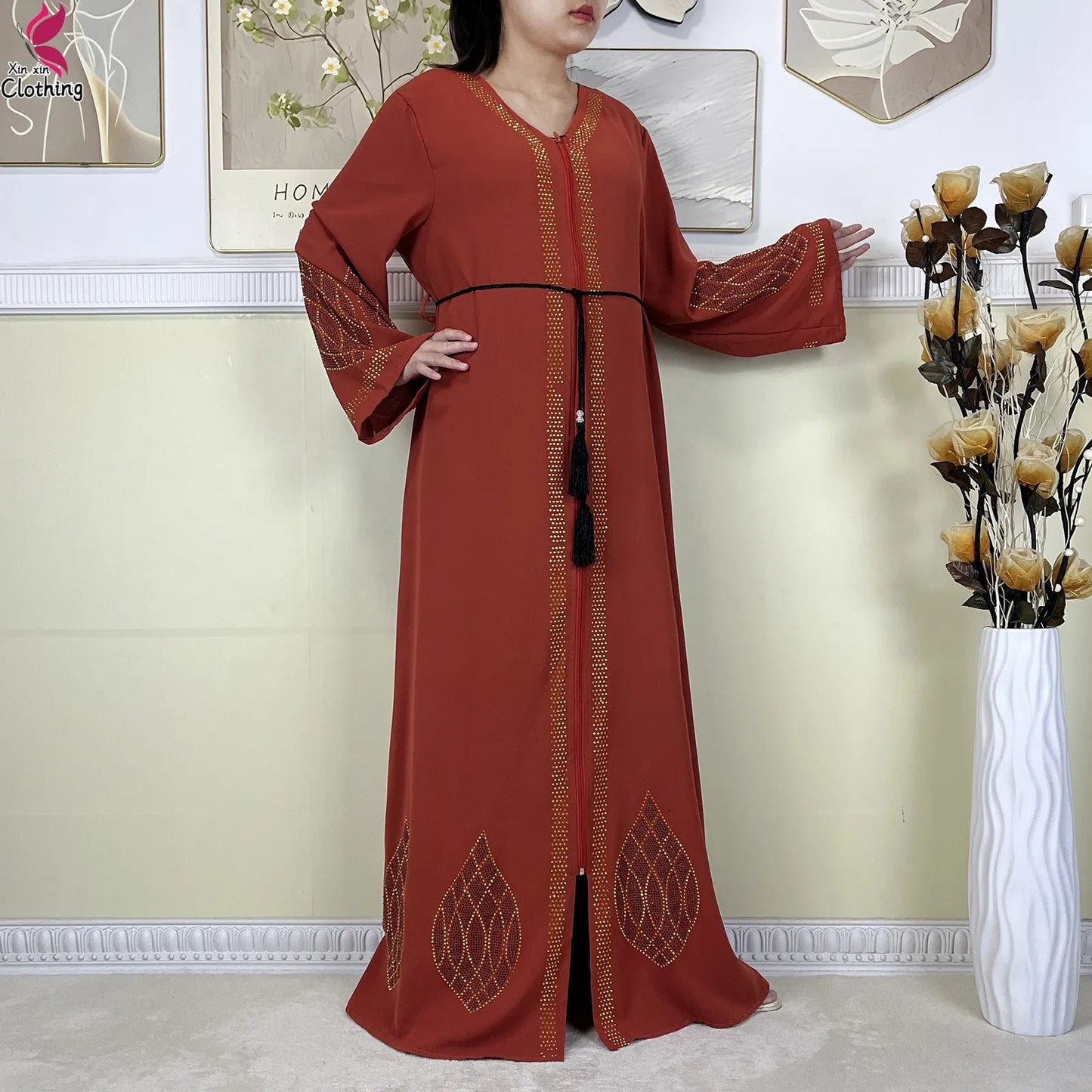New Dubai Women Elegant Dress Diamonds Chiffon Open Abaya with Zipper Islamic Turkey Clothing Women Muslim Party Evening Dress.