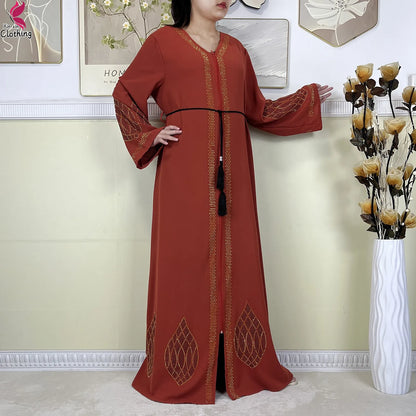 New Dubai Women Elegant Dress Diamonds Chiffon Open Abaya with Zipper Islamic Turkey Clothing Women Muslim Party Evening Dress.
