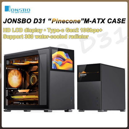 JONSBO Pinecone D31 M-ATX Computer Case Mesh Side Transparent ATX With Display Screen Games Chassis Support 360 Water Cooling.