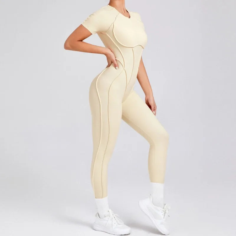 Seamless Yoga Jumpsuits Sports Fitness Hip-lifting Backless Short-sleeved One-piece Workout Gym Leggings Tracksuits for Women.