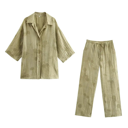 Women Print Long Pants Sets For Women Lapel Half Sleeve Single Breasted Shirts + High Waist Lace-Up Wide Leg Pants