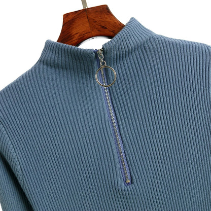 Frauen Fashion Solid Strick Pullover Vintage Langarm Zip-up Grundlegende Hälfte Rollkragenpullover Weibliche Pullover Chic Casual Tops.