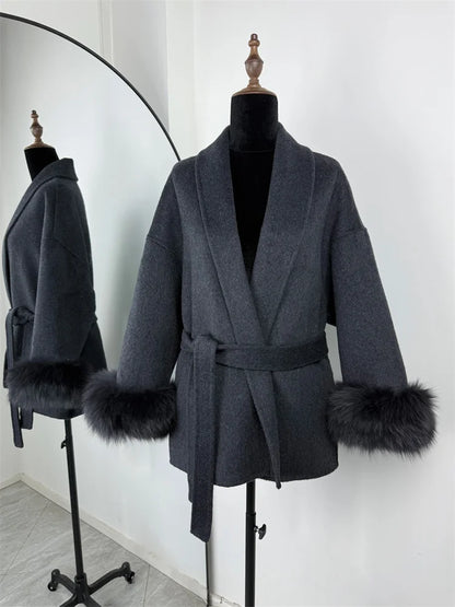 Tossy Fuchspelz-Wollmantel für Damen, kurzer Mantel, Bürodame, eleganter doppelseitiger Wollmantel, 2025, neue Strickjacke, Jacken, lockere Wolle