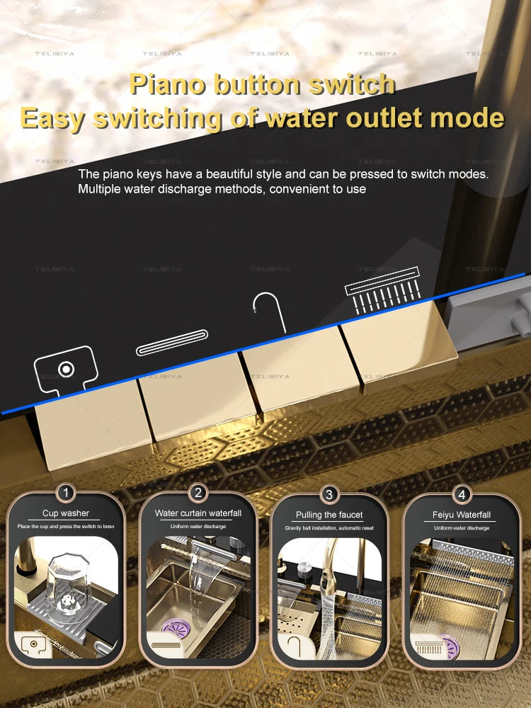 Goldene Küchenspüle aus Edelstahl, multifunktionale Wasserfall-Auslass, Einzelschlitz, Klavierknopf, Digitalanzeige