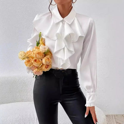 Spring Autumn Shirts Fashion White Ruffled Elegant Blouse Tops Women New Long Sleeve Lapel Woman Shirt Solid Office Ladies Tops.