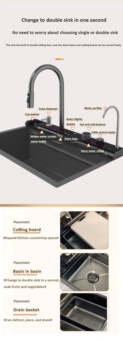 Blue Whale Arowana Multifunctional Kitchen Sink Single Bowl Nano Black Honeycomb LED Digital Display Stainless Steel for Home