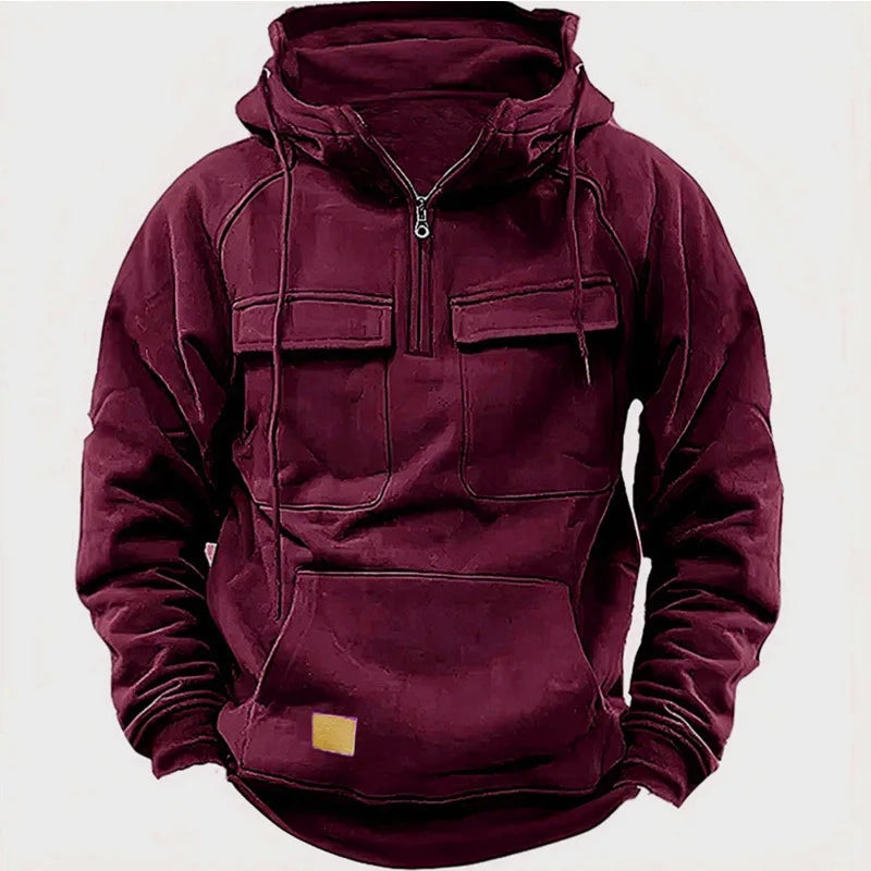 2025 New Autumn Winter Men's Hooded Solid-color Casual Hoodie Fashionable Young Man's Multi-Pocket Patch Hoodie Pullover Shirt.