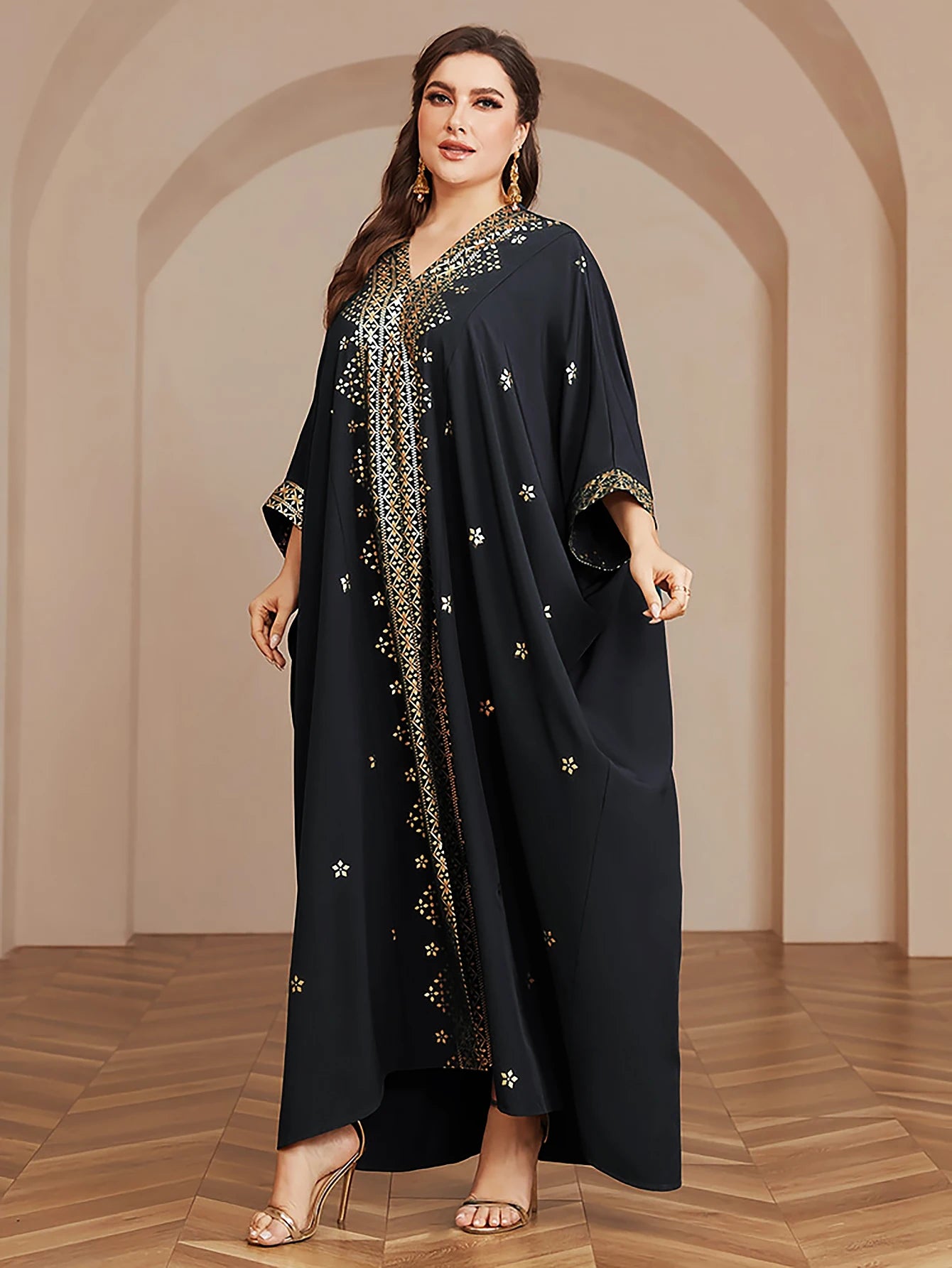 Wow! Langarm-Abaya in Übergröße mit Goldfolie – atemberaubendes arabisches Kleid, steigern Sie Ihren Stil für jede Veranstaltung!.