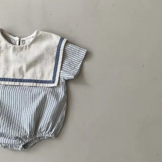 6754 koreanische Neugeborenen Kleidung Sommer neue Marine Revers vertikale Streifen Jungen einteilige Kleidung lässige Mädchen Kletter kleidung.