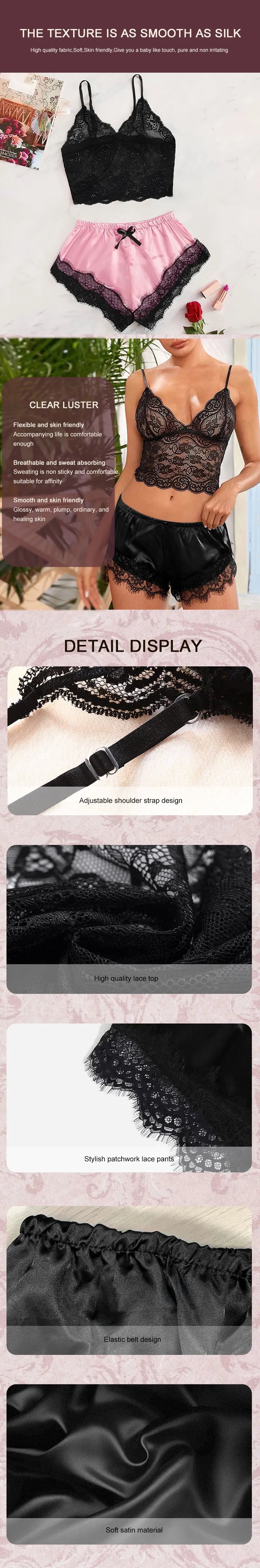 2-teiliges sexy Spitzen-Pyjama-Set für Damen, durchsichtiges Bralette, Cami-Top und Shorts, atmungsaktive Nachtwäsche, Sommer-Dessous in Übergröße.