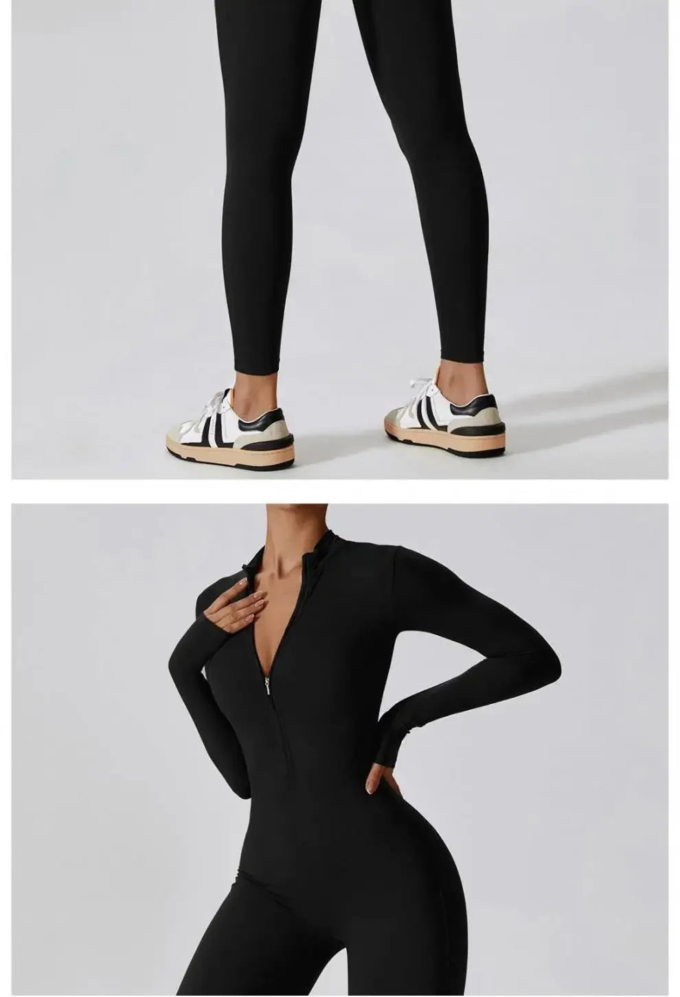 Fall New Long Sleeve Zipper Tight Butt Show Fitness Pants Women Running Sports Training Yoga Clothes Black One-Piece Suit.