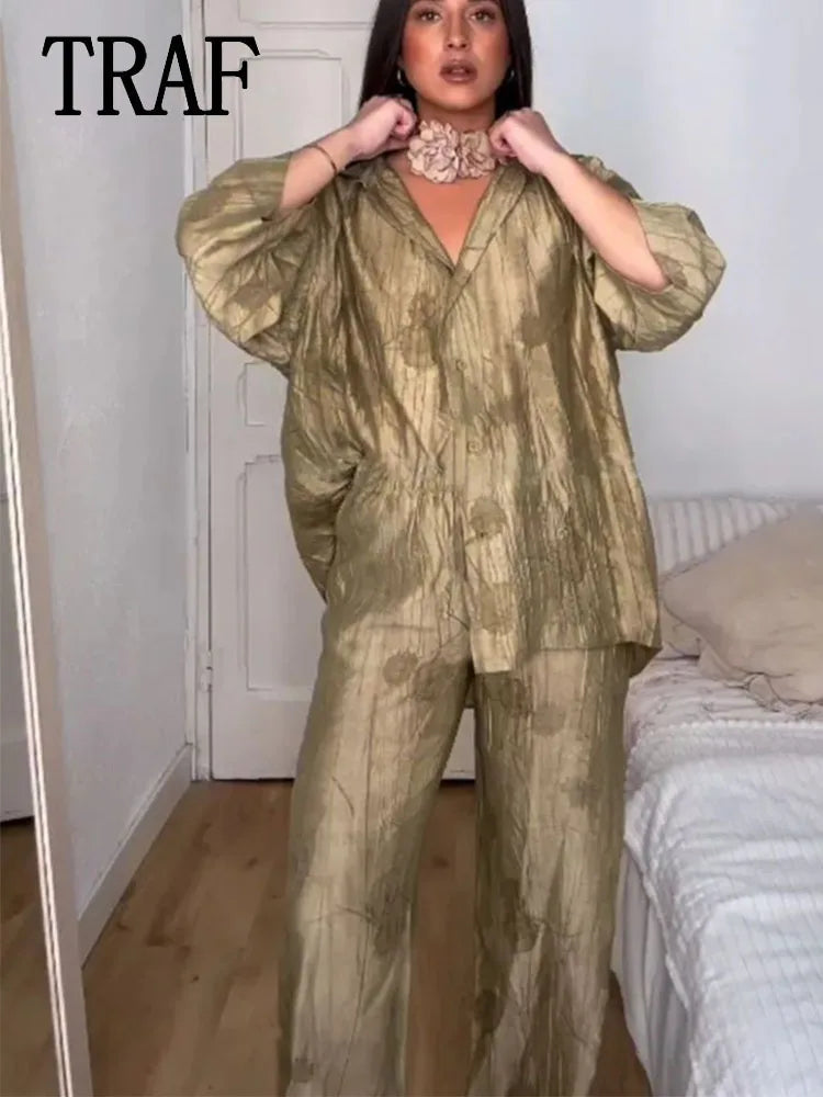 Women Print Long Pants Sets For Women Lapel Half Sleeve Single Breasted Shirts + High Waist Lace-Up Wide Leg Pants.