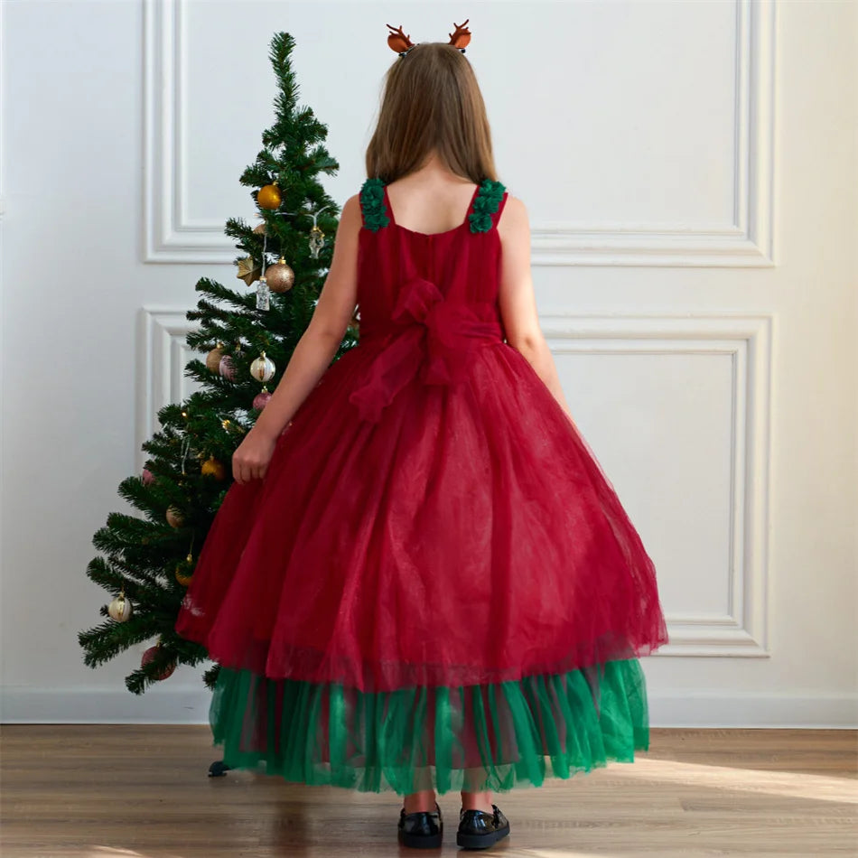 Mädchen Rot Grün Weihnachten Ballkleid Kinder Hochzeit Ball Party Abendkleid Prinzessin Vestido Kinder Karneval Leistung Kleidung.