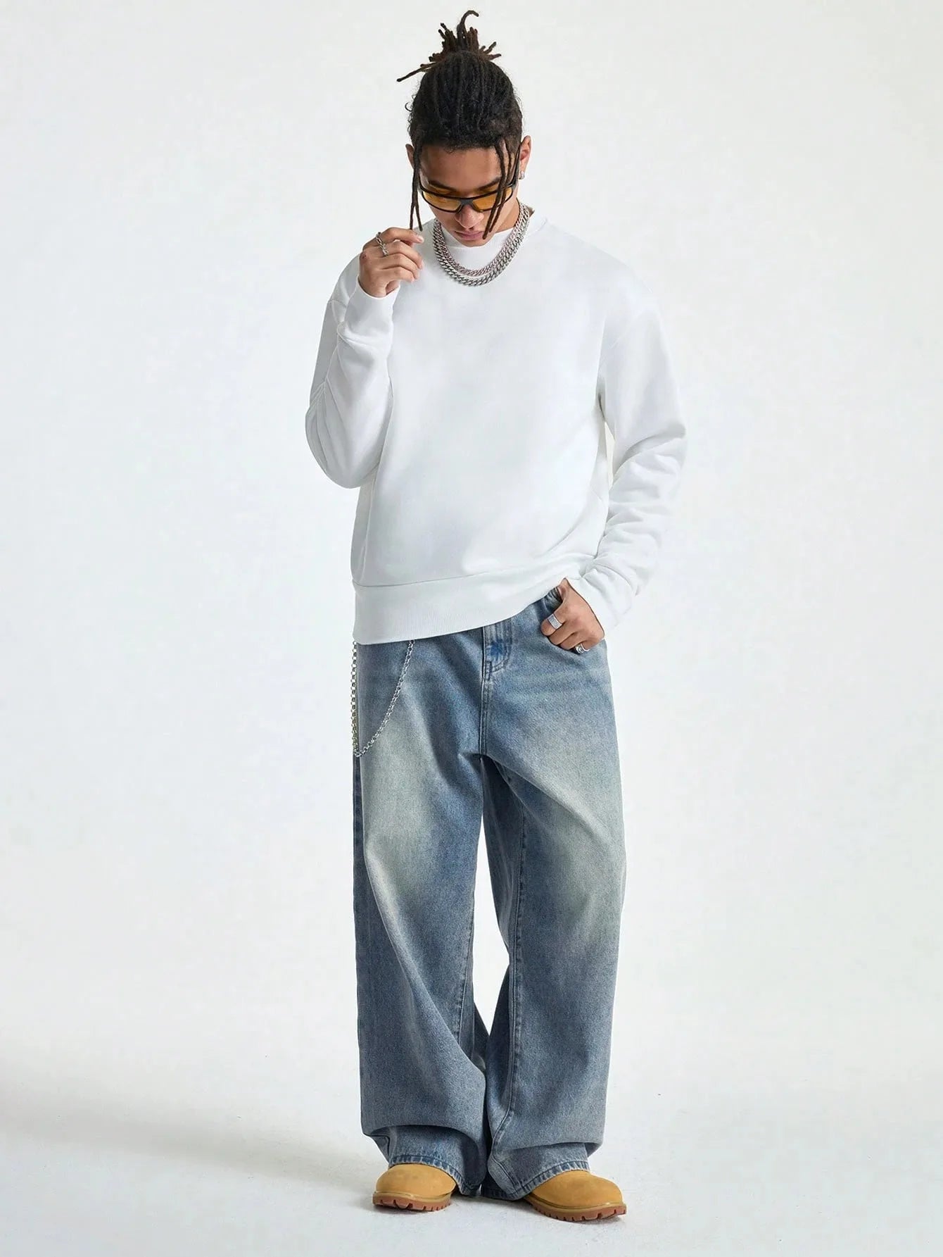 1Pc Men's Wide Pants Brushed Jeans Wide Jeans Y2K New Rocks Jeans Buggy Black Hip-Hop Pants.