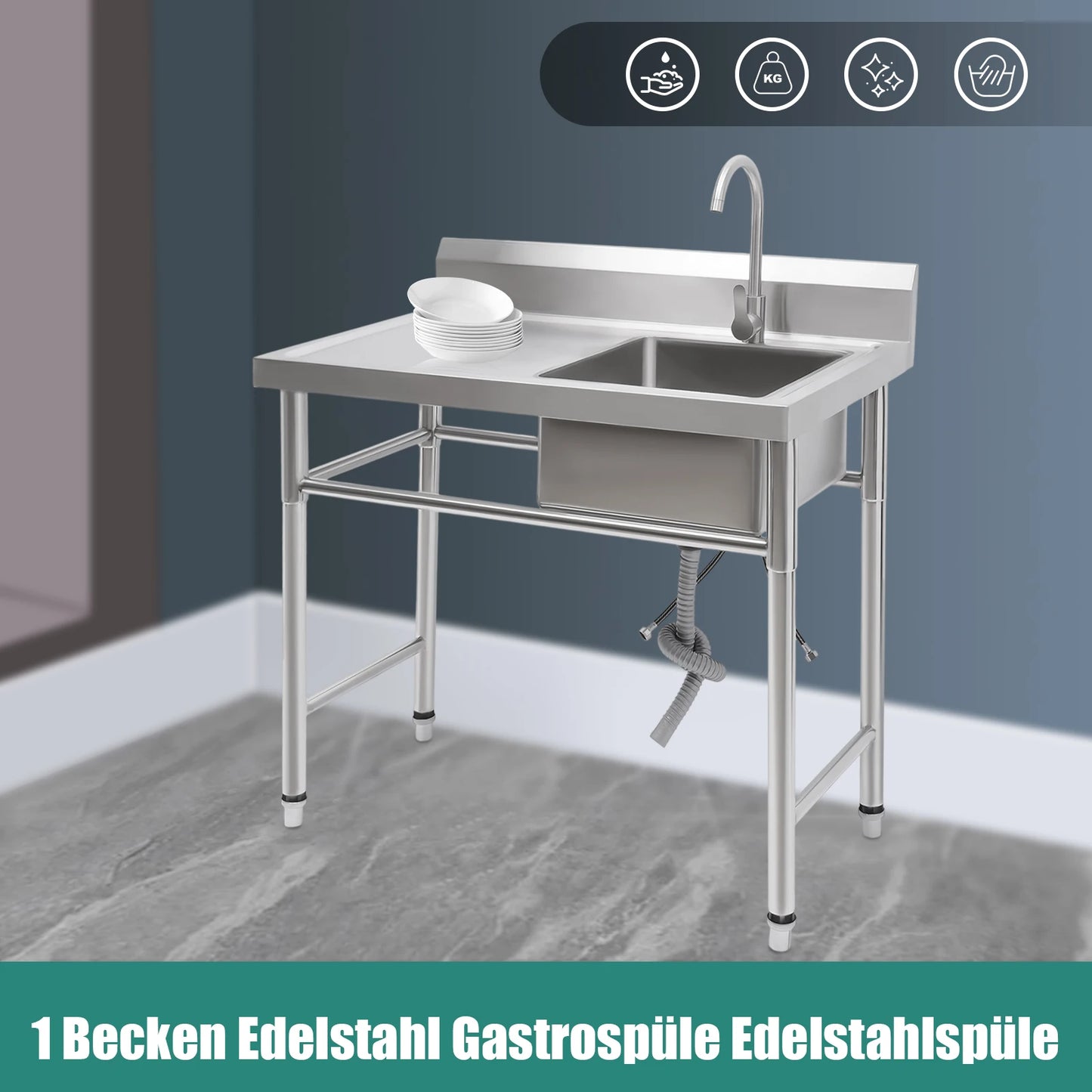 Küchenspüle mit 201 Stauraum, Edelstahlspüle mit Waschbecken, 100 x 60 x 93 cm, freistehendes kommerzielles Küchenspüle aus Edelstahl