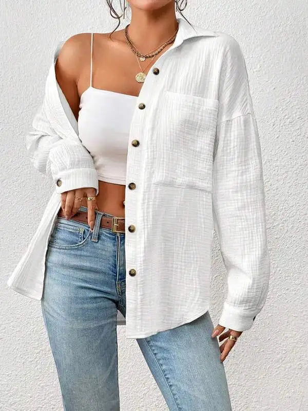 Summer 100% Cotton Women Shirts Casual Turn Down Collar Shirt Top Long Sleeve Top Office Lady Elegant Blouses for Women Blusas.