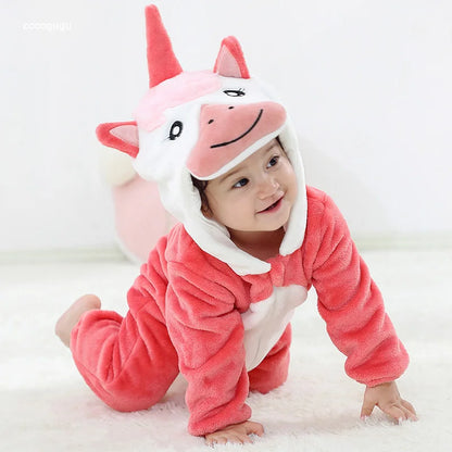 Blau rosa Einhorn Stram pler Baby Boy Mädchen Pyjama bebe Kleidung niedlichen Bodys Flanell warme einteilige Winter Halloween Tier Outfit.