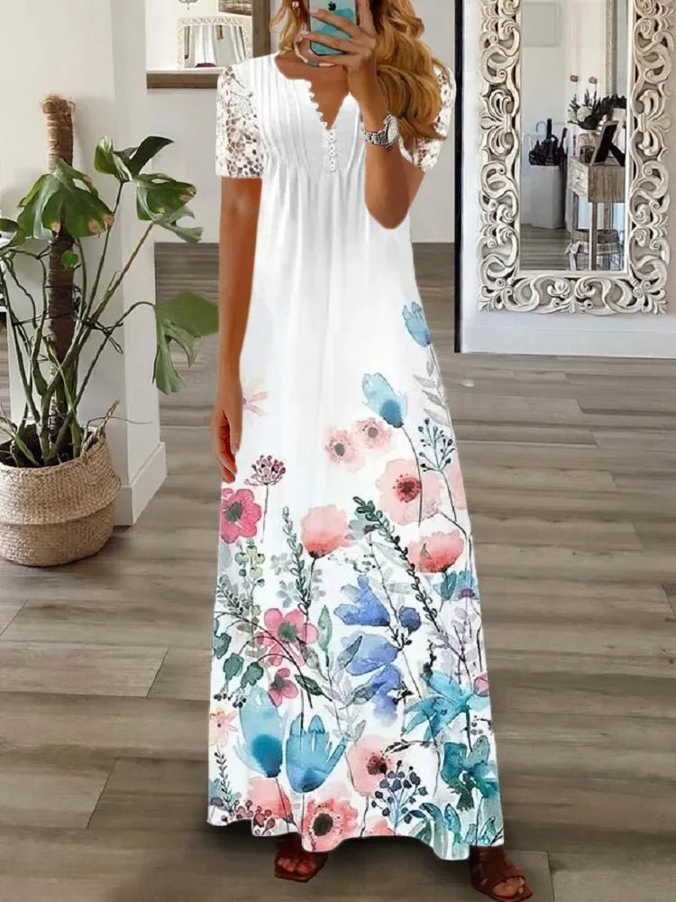 Frühjahr/Sommer Mode frauen Kurzarm Gedruckt Spitze Kleider Elegante frauen Weiß V-ausschnitt Slim Fit Party Lange vestidos.