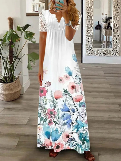 Frühjahr/Sommer Mode frauen Kurzarm Gedruckt Spitze Kleider Elegante frauen Weiß V-ausschnitt Slim Fit Party Lange vestidos.