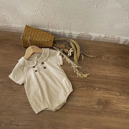 Sommer neue adrette Art Baby Body suits Hemd Kragen Mädchen Jungen Bodysuit atmungsaktive Leinen einteilige Baby kleidung.