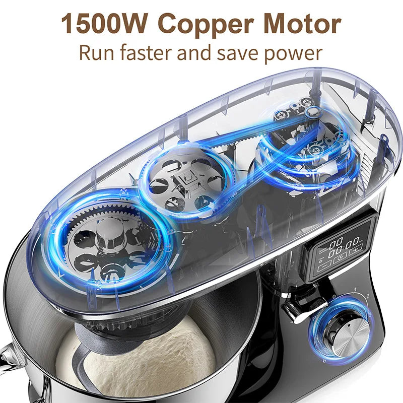 Commercial Stand Mixer 1500W, 6.5L Stainless Steel Bowl 6-Speed, Silent Design Smart Display Multi-Functional Dough Mixer.