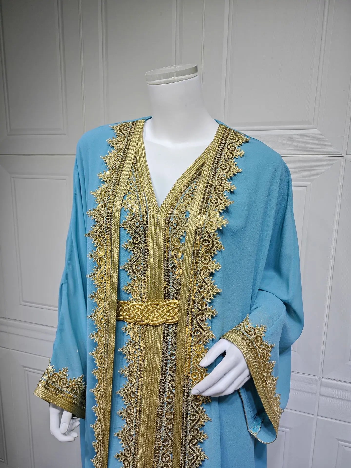 Eid Frauen Abaya Kleid Muslim 2-teiliges Set Strickjacke mit Innenkleid Schnürmantel Kaftan Robe Jalabiya Ramadan Marokko Kaftan 2025